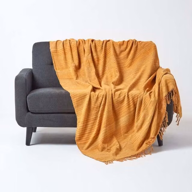 Homescapes Woven Cotton Chenille Boho Throw in Rust, Beige, Green and Orange, 240 cm