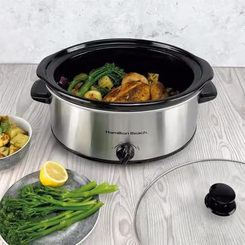 Hamilton Beach 6.5L Family Favourite Slow Cooker in Silver with Ceramic and Stainless Steel Construction – 3