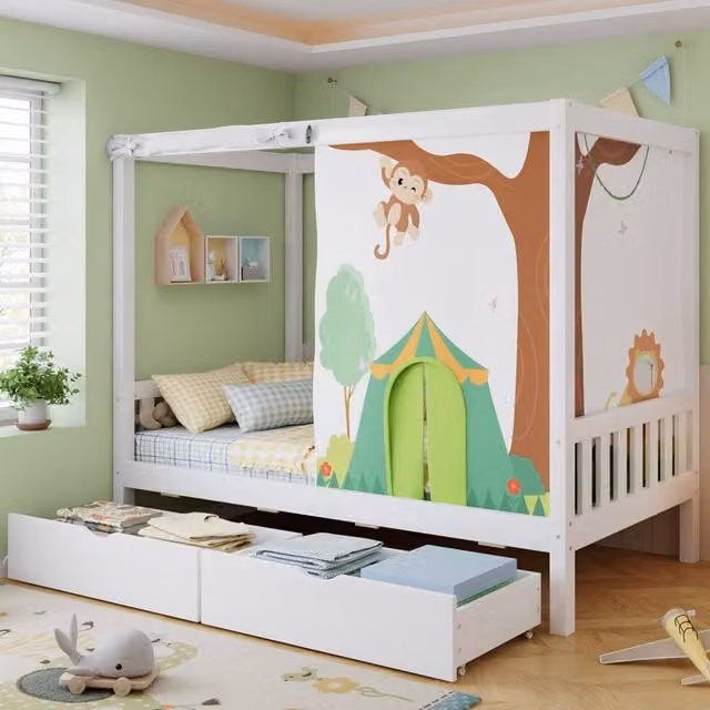 Rolipo White Wooden Single Bed with 2 Drawers and Green Canopy Curtains, W/D/H: 90 x 190 cm – 1
