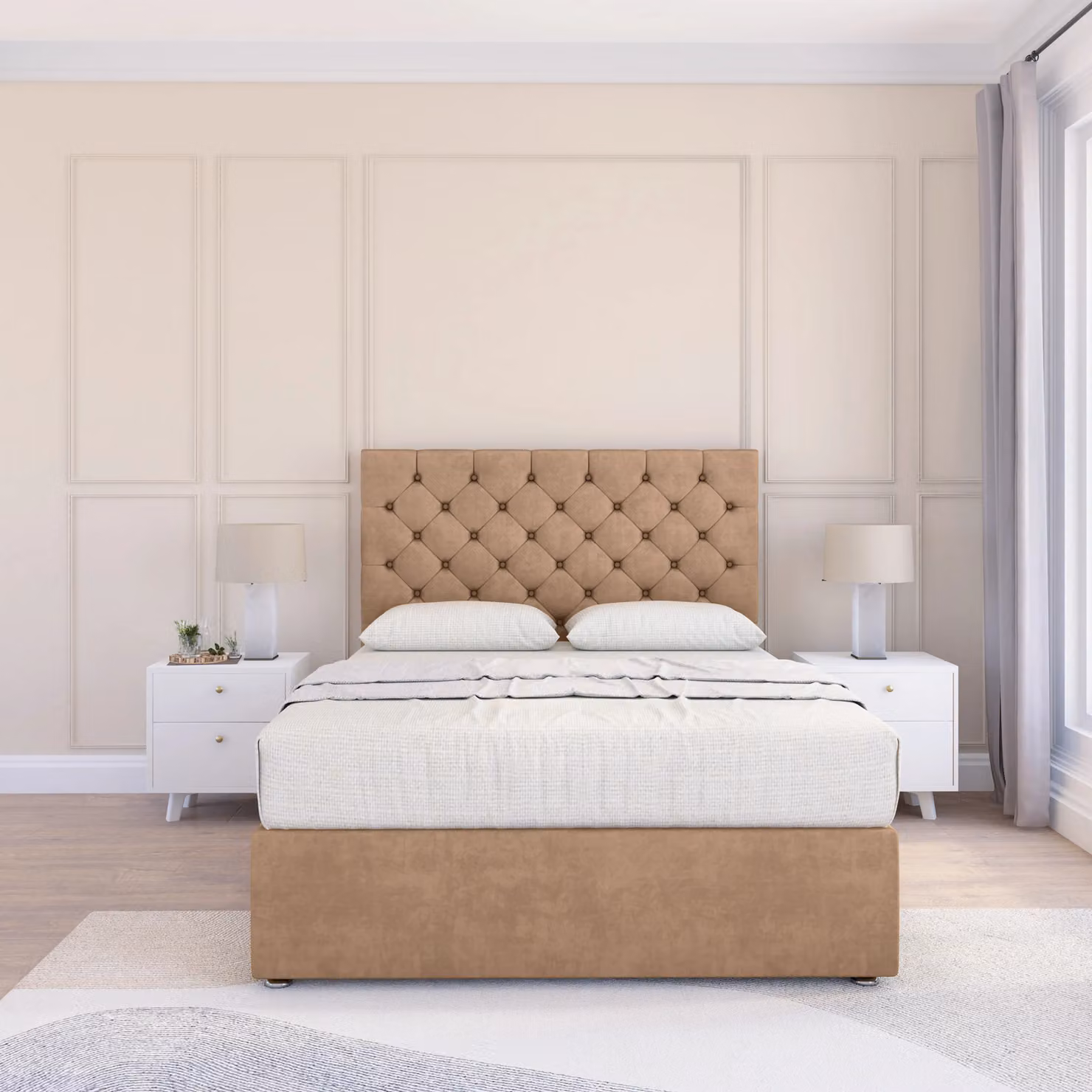 Sloomy Mayfair Divan Bed Base with Chesterfield Floor Standing Headboard, Light Beige, W/D/H: 90 x 200 cm