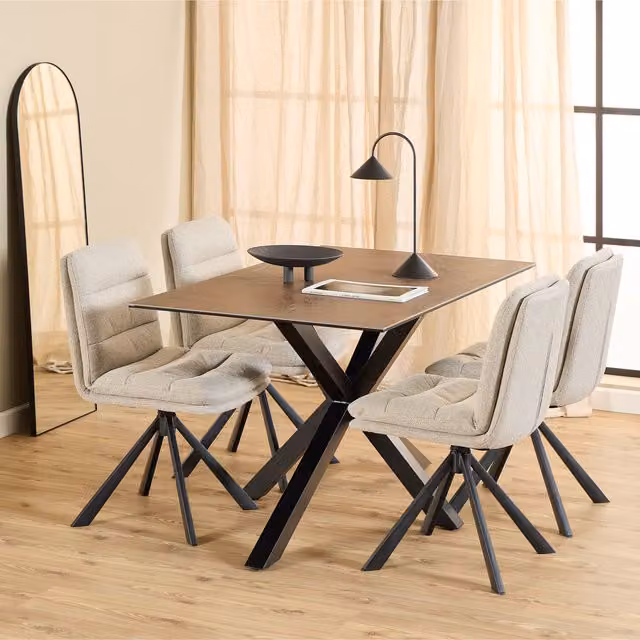 Furniture To Go Heaven Modern Rectangular Ceramic Dining Table in Brown and Black with X-Frame Base, Width: 135 cm