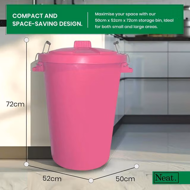 Neat. 90L Heavy Duty Plastic Kitchen Dustbin with Lid and Metal Handle, Pink and Black