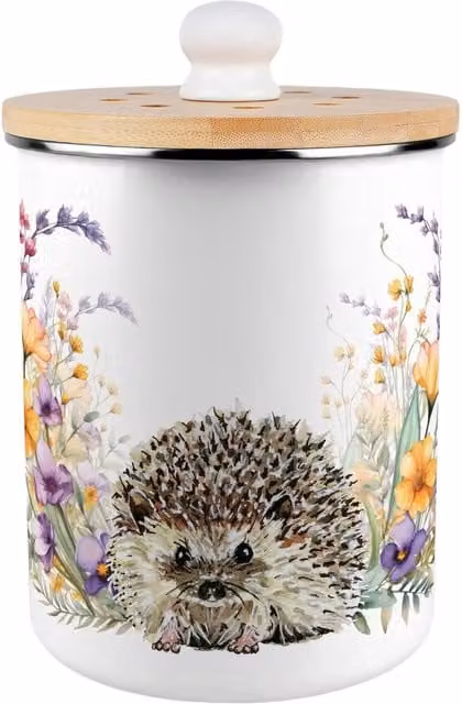 Purely Home Floral Hedgehog Metal Food Waste Caddy with Flip Lid, 2L, Brown