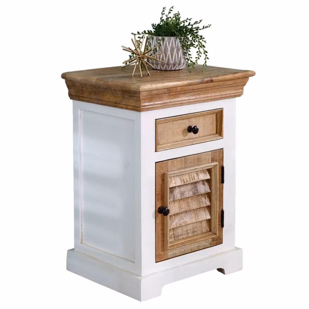 Wyld Haus Alington Mango Wood Bedside Cabinet with White Frame and Brown Louvered Door – 2