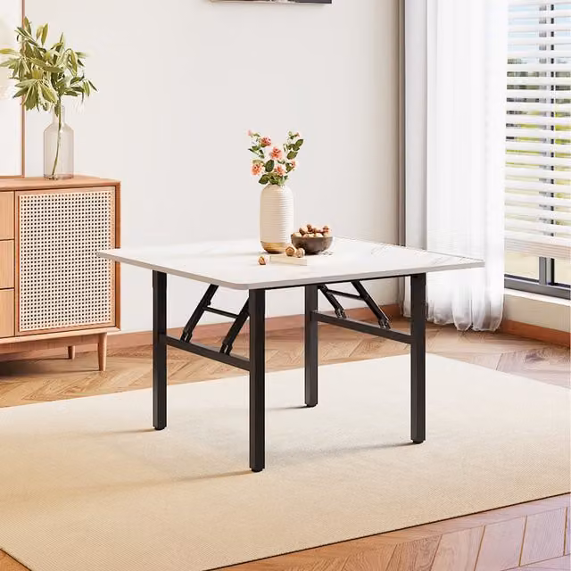 Livingandhome Modern Square Folding Coffee Table with Marble-Effect Surface, White