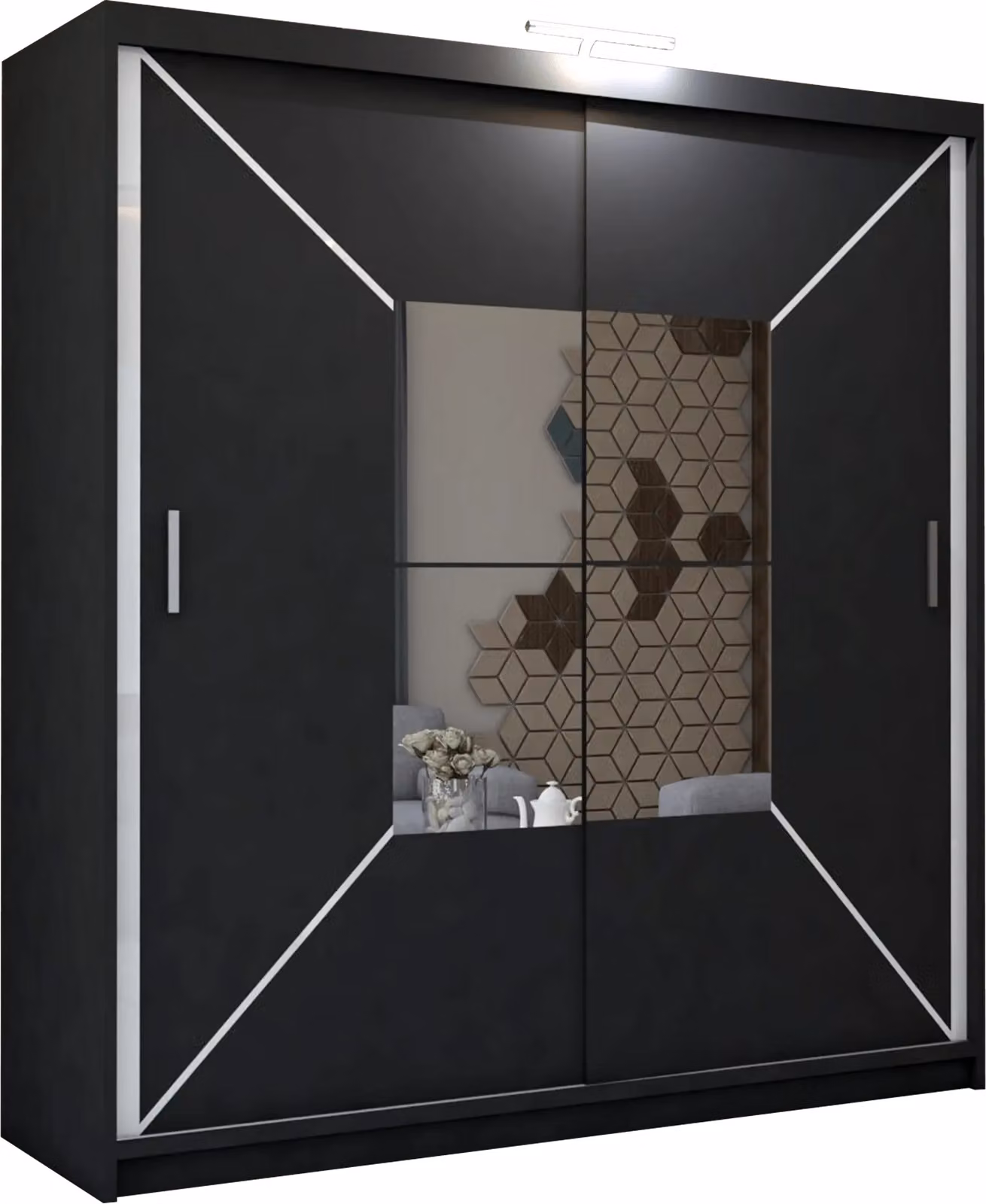 MN Furniture Naxos Sliding Mirror Wardrobe with LED Light, Black, W: 150 cm, H: 217 cm – 2