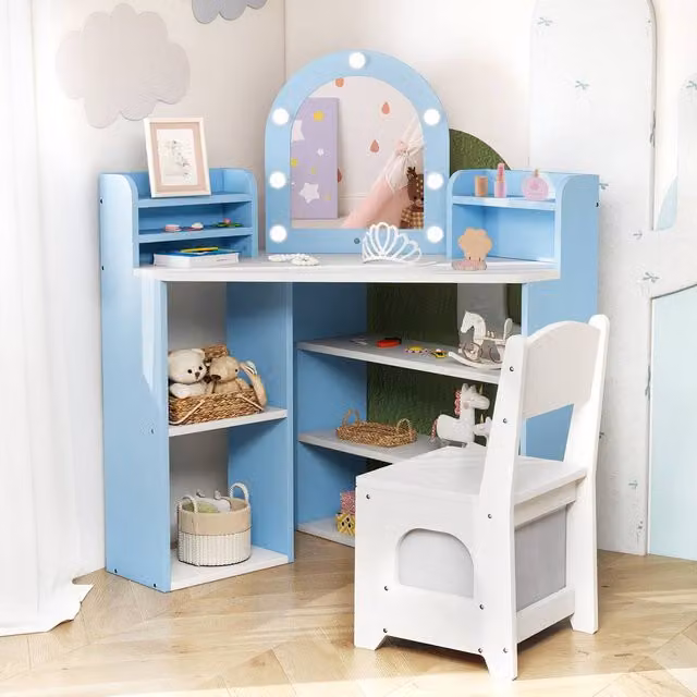 Gymax Princess Corner Vanity Table and Chair Set with Hollywood LED Lights in Light Blue