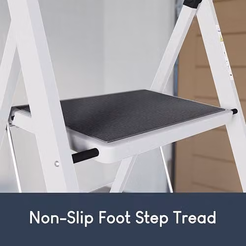 Home Vida 3 Step Heavy Duty Steel Folding Ladder with Anti-Slip Rubber Feet, White, H: 105 cm, W: 46 cm – 3