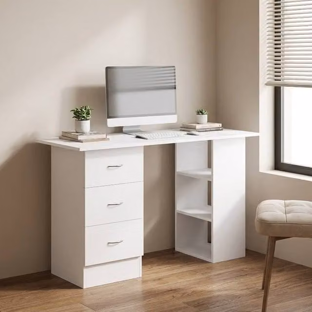 STILVORA Modern White Writing Desk with 3 Drawers and 3 Shelves