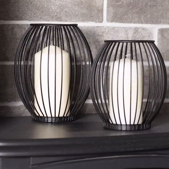 Maison & White Set of 2 Black Metal Modern Round Pillar Cage Candle Holders