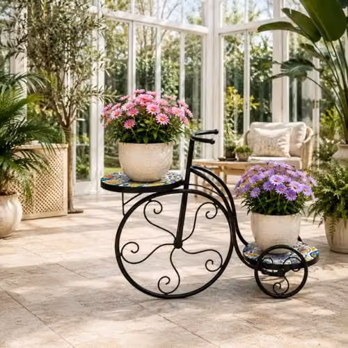 SHATCHI Mediterranean Mosaic Tricycle Plant Stand with Geometric Metal Tile Top, H 65 x W 26 x D 65 cm – 2