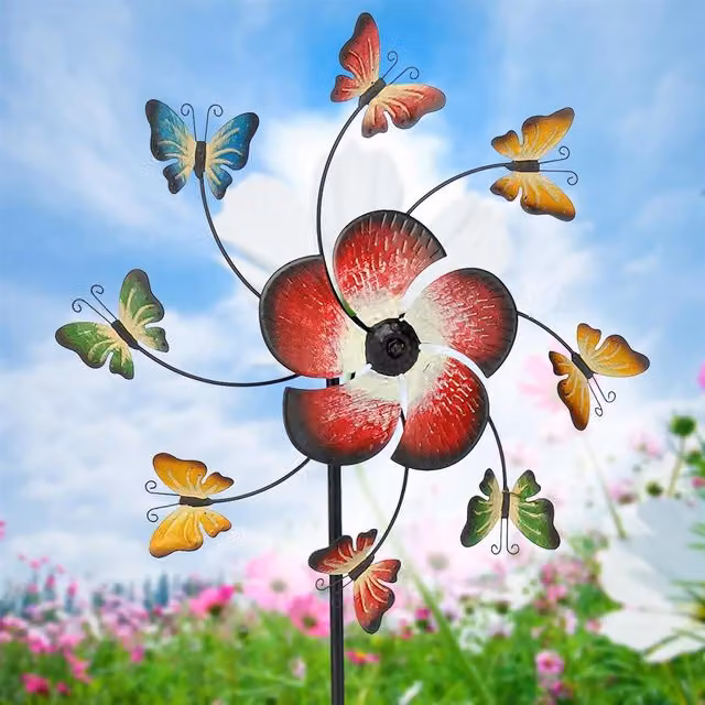 GEEZY Red and Multicolour Metal Butterfly Wind Spinner and Garden Flower Mobile Ornament