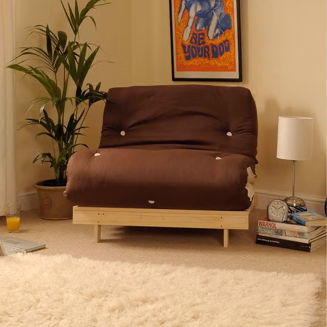 Cloud Nine Single Cotton Futon Sofa Bed with Solid Pine Wood Frame, Cream, Brown and White, W/D/H: 90 x 190 cm