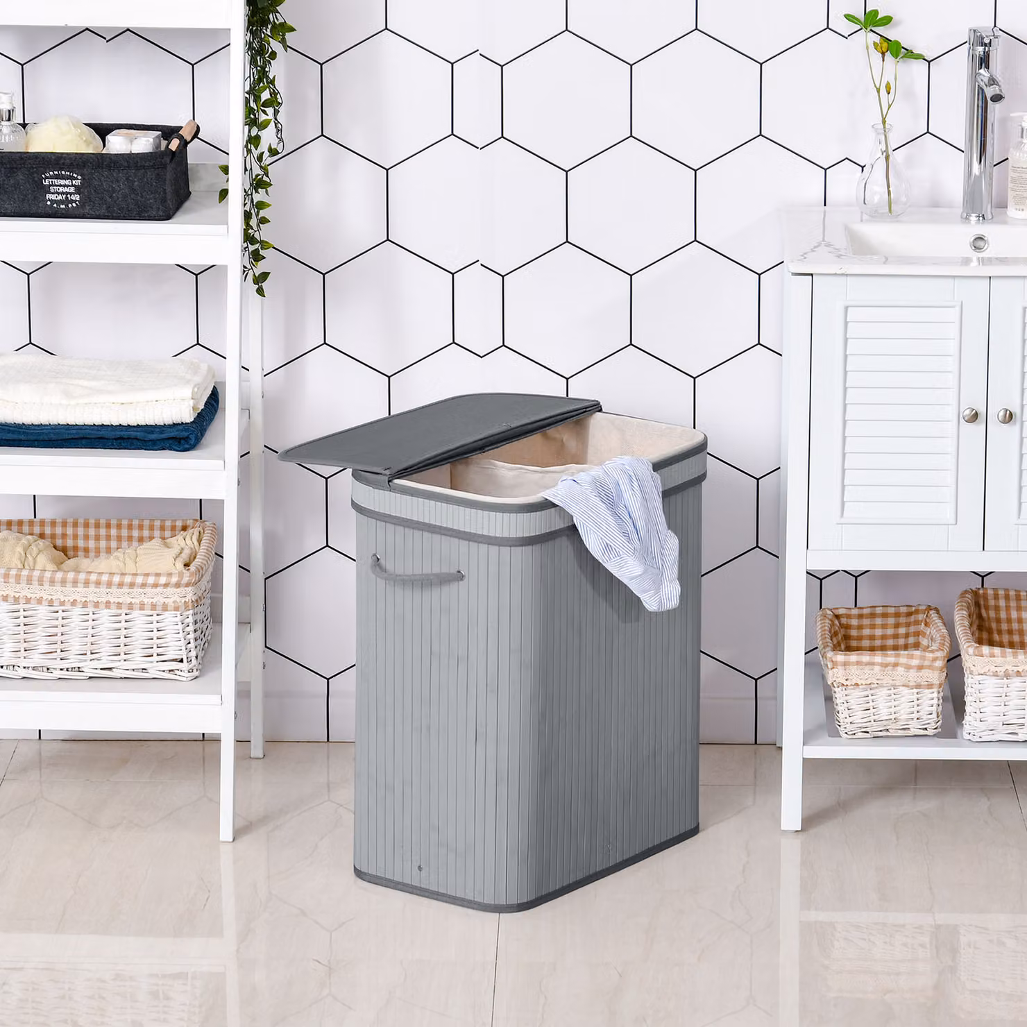 HOMCOM 100L Natural Wood Laundry Basket with Flip Lid, Removable Liner and Handles, Grey – 2
