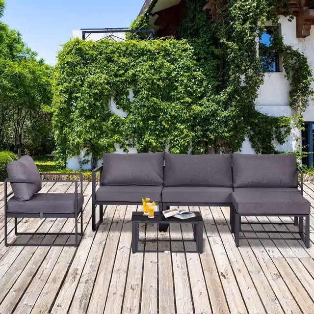 Outsunny 6 Piece Grey L-Shape Garden Sectional Sofa Set with Powder Coated Aluminium Frame, Coffee Table and Ottoman
