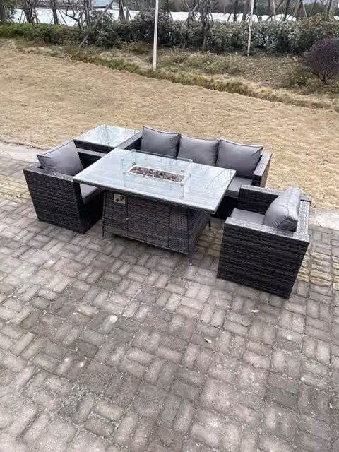 Fimous Dark Grey PE Rattan Garden Furniture Set with Gas Fire Pit Dining Table, Armchairs and Side Coffee Table