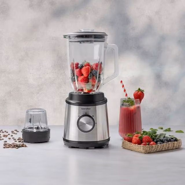 Daewoo 2-Piece 800W Stainless Steel and Glass Smoothie Maker and Blender Set with Coffee Grinder in Silver