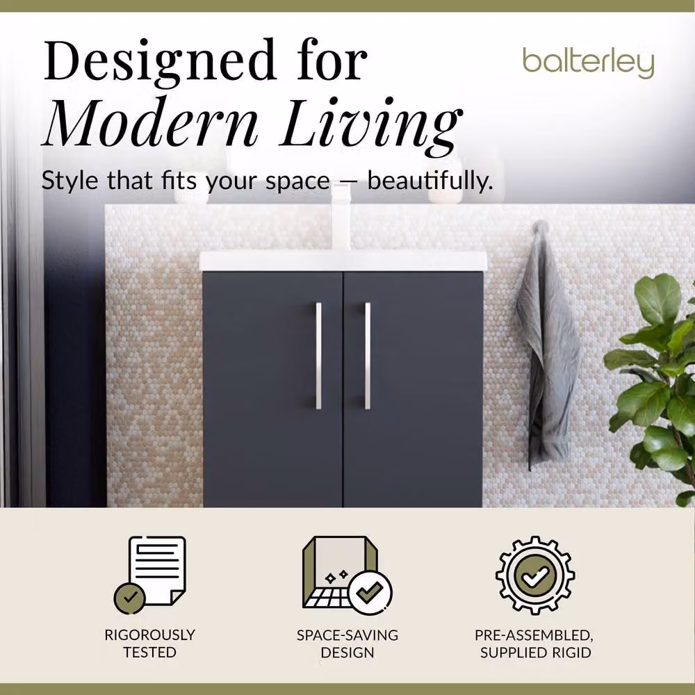 Balterley Modern Bathroom Floor Standing Vanity Unit with 2 Soft Close Doors and Rectangular Mid-Edge Basin, Dark Grey, W: 60 x D: 39 x H: 84 cm – 2