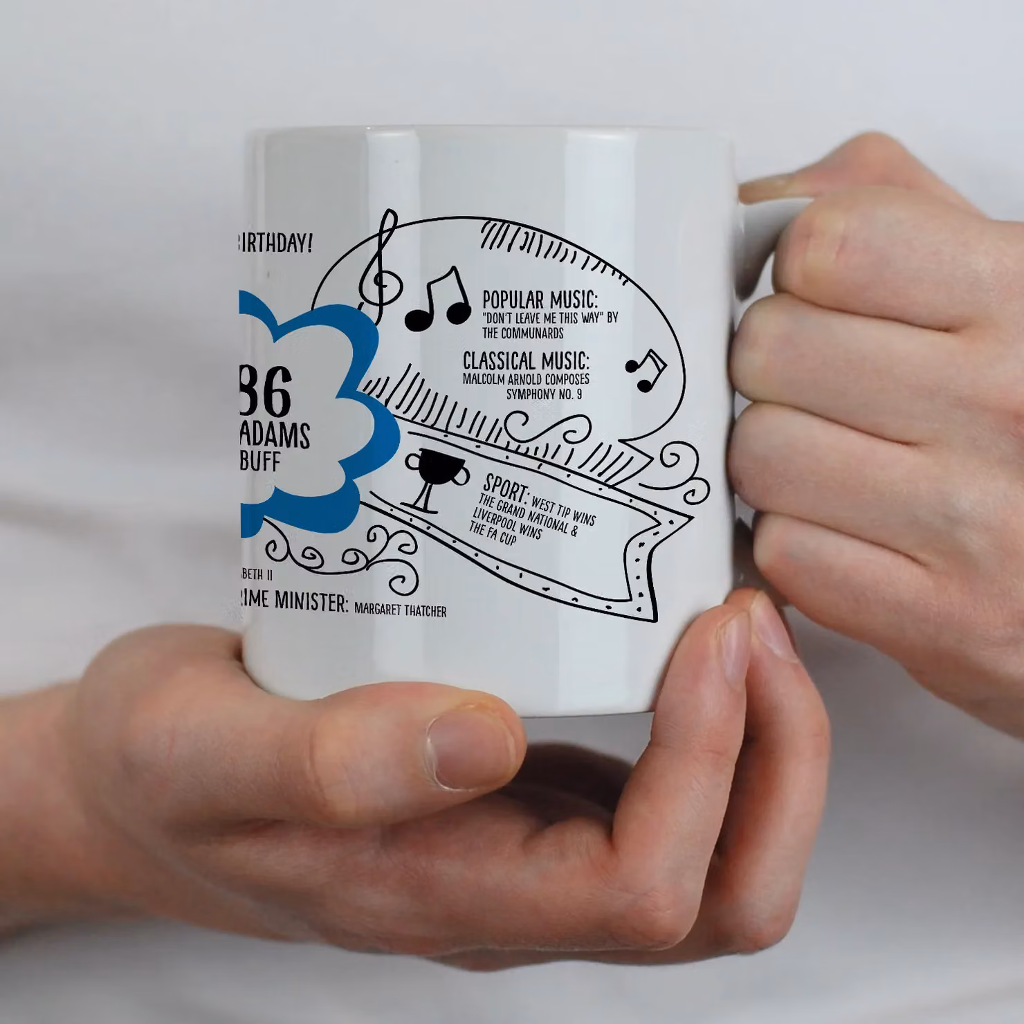 Afewhometruths Personalised 40th Birthday Mug, Born in 1986, Custom Name and Message, Blue and White – 3