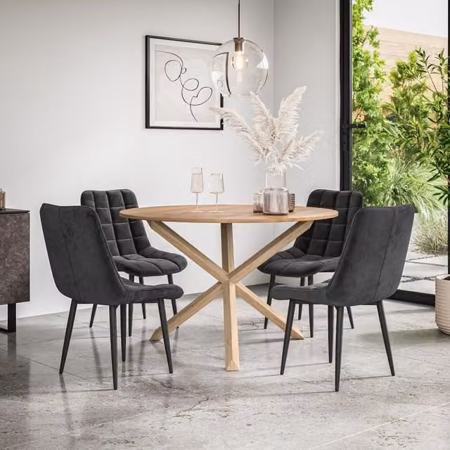 More4Homes Malvern Round Dining Table and Set of 4 Nova Black Velvet Dining Chairs with Oak Table Top and Solid Oak Legs – 1