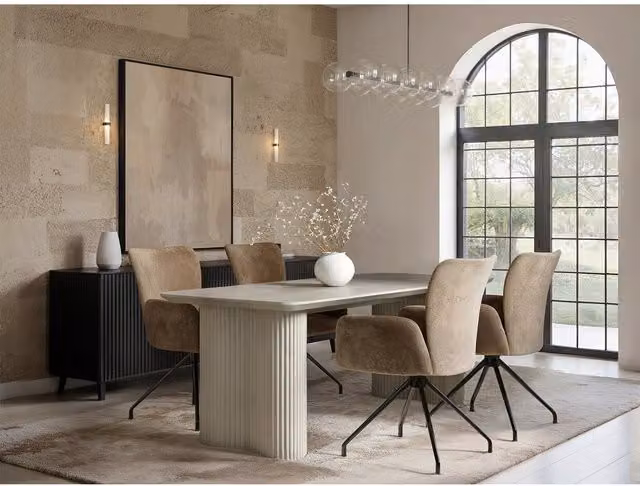 Solace+Co Zoya Rectangular Ceramic Dining Table and 4 Kora Upholstered Chairs Set in Beige, Brown and Black