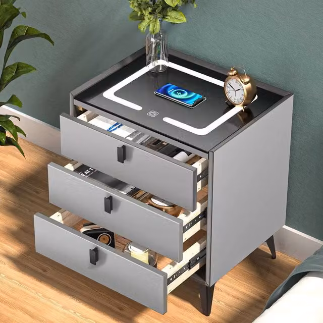 EONLION Modern Grey 3 Drawer Bedside Cabinet with Integrated Lighting, Width: 100 cm