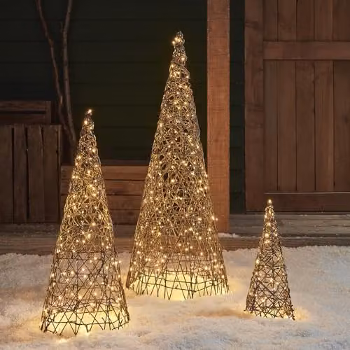 Lights4fun Set of 3 Brown and White Rattan Cone Outdoor Christmas Decorations with 560 Warm White LEDs and Timer – 2