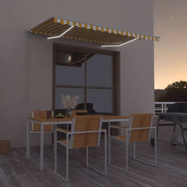 Berkfield Home Manual Retractable Awning with LED, Yellow and White, W: 350 cm, D: 250 cm