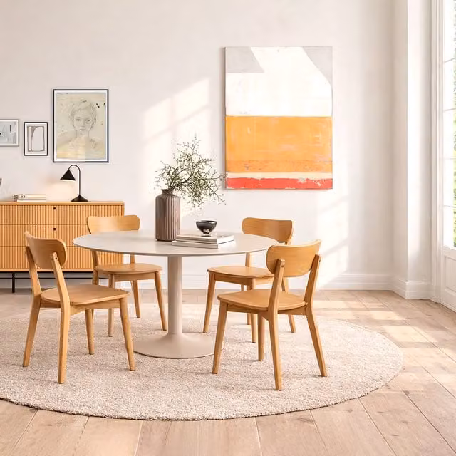 Furniture To Go Ibiza Round Beige Dining Table and 4 Roxby Dining Chairs in Oak