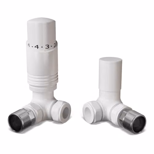 UK Radiators Talus Bold White Angled Thermostatic Radiator Valve and Lockshield Set 1/2" x 15mm – 1