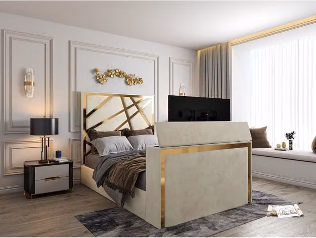 Casani Rayleigh Modern Upholstered Velvet TV Bed Frame with USB Charging Port in Beige, W/D/H: 180 x 200 cm