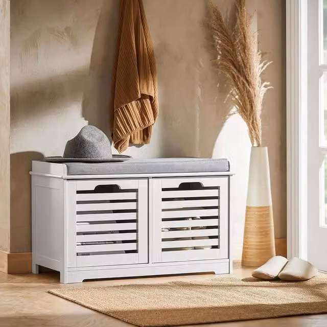 SoBuy White Shoe Bench with 2 Internal Adjustable Shelves