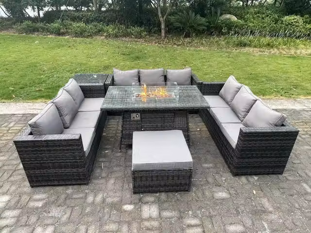 Fimous 10 Seater Rattan Garden Furniture Set with Gas Fire Pit Dining Table in Dark Grey