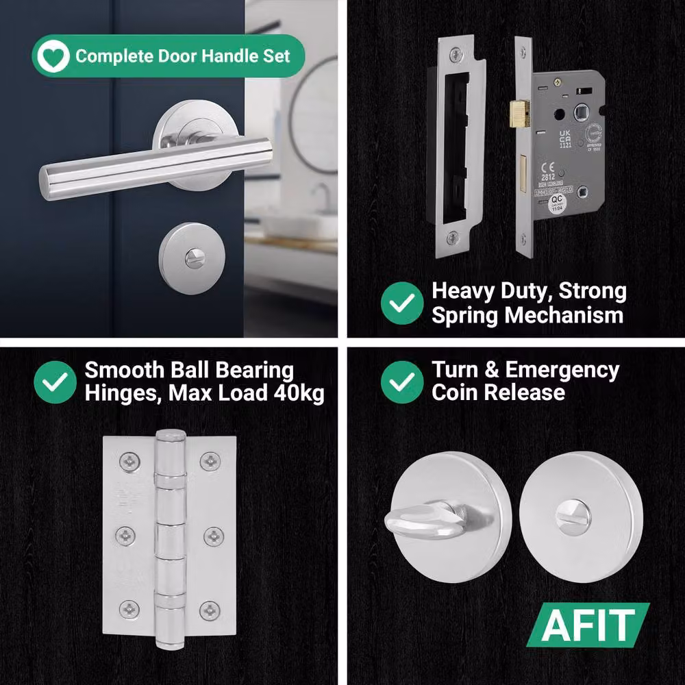 AFIT Chrome Bathroom Door Handles with WC Lock and Hinges, T-Bar Design, Silver, 2 Pack – 6