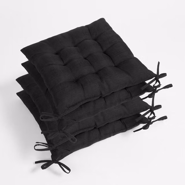 OHS Pack of 4 Black Linen Quilted Square Dining Chair Seat Pads with Removable Covers