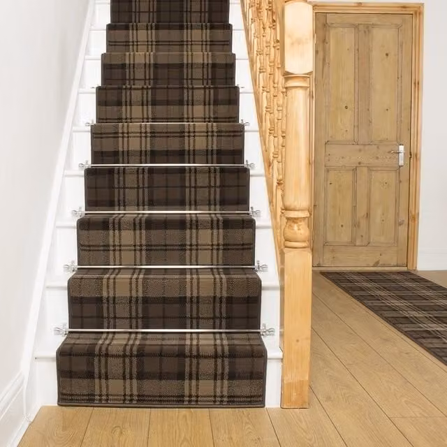 runrug Tartan Stair Runner Carpet in Brown, W: 70 cm x L: 480 cm