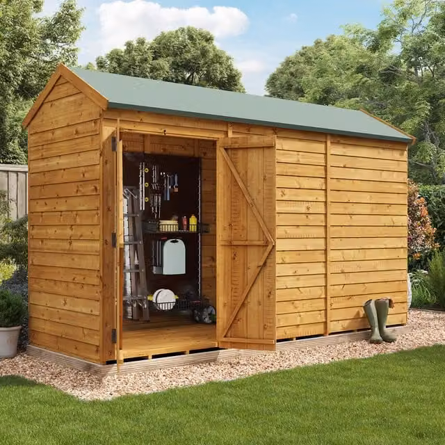 BillyOh Switch Overlap Apex Wooden Garden Shed in Brown with Double Doors and Gable Roof