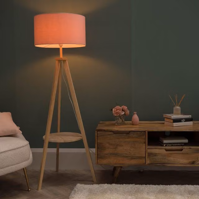Morrigan Wood Tripod Floor Lamp with Fabric Cylinder Shade and Bulb in Blush Pink
