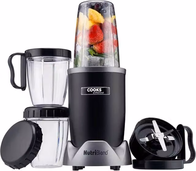 Cooks Professional Nutriblend Blender and Smoothie Maker 1000W with 9pc Accessory Set in Silver and Black