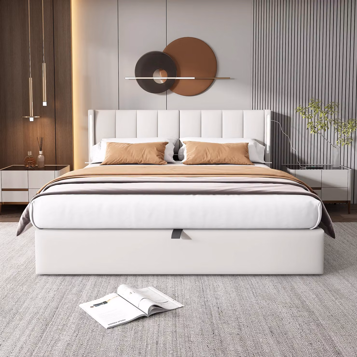 Matteo White Upholstered Double Bed with Hydraulic Storage, LED Reading Lights and USB Charging Port, W/D/H: 140 x 200 cm – 4