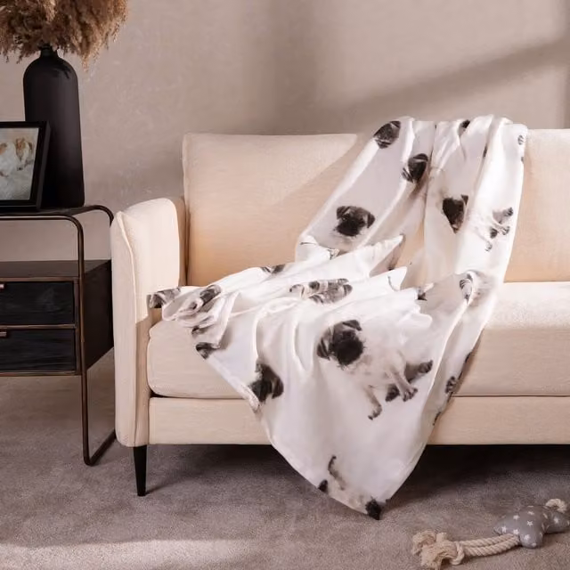 Dreamscene Pug Animal Fleece Throw Blanket, Black and White, W/D: 120 x 150 cm