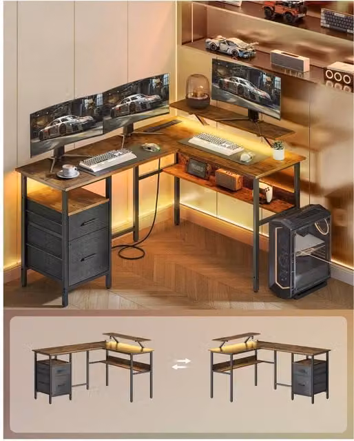 VASAGLE L-Shaped Corner Desk with Power Outlets in Bronze and Brown