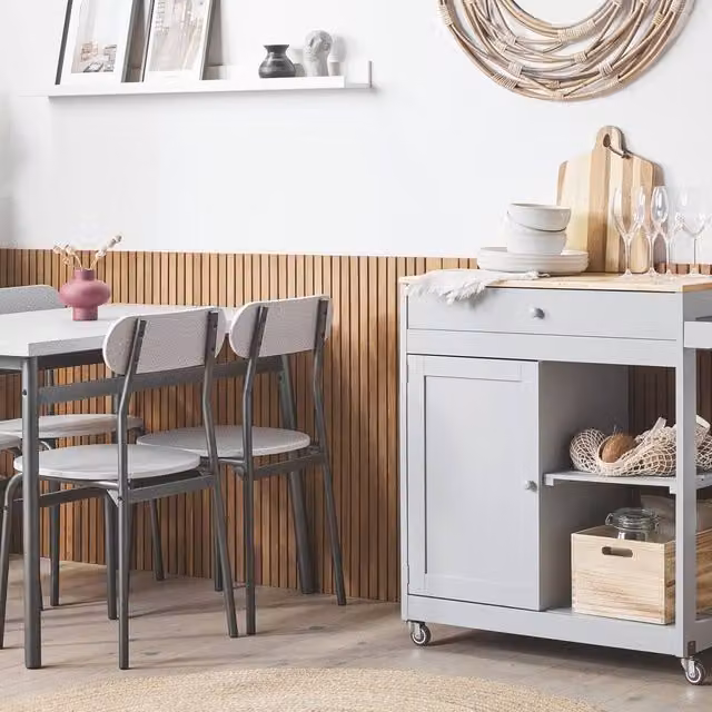 Wyld and Coco Kitchen Trolley in Grey with Rubberwood Top and Castors, W/D/H: 75 x 43 x 87 cm