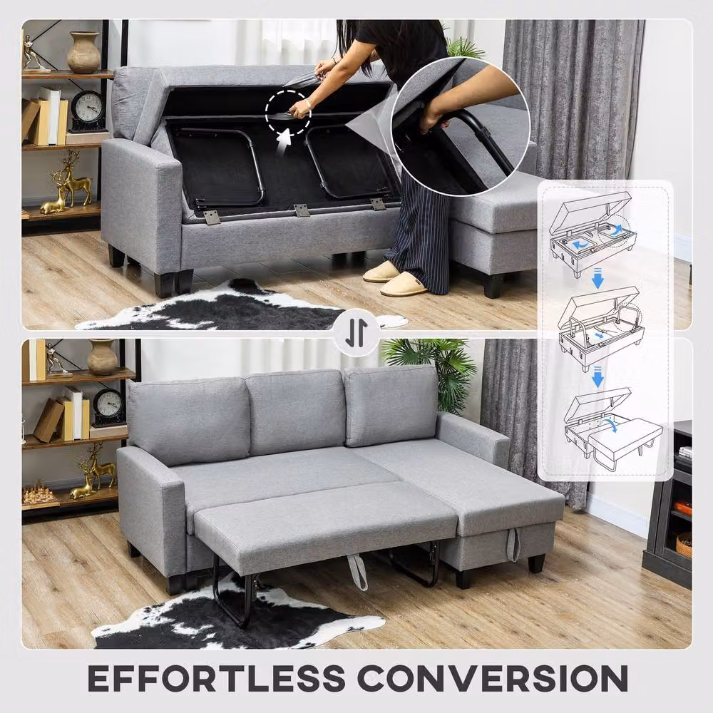 STILVORA 3-Seater Grey Linen Upholstered Sofa Bed with Storage and Removable Covers – 5