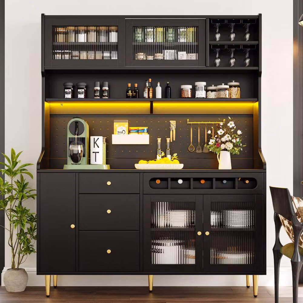 Rolipo Black Matt Highboard Storage Cabinet with Glass Sliding Doors, Integrated LED Lights and Wine Rack – 2