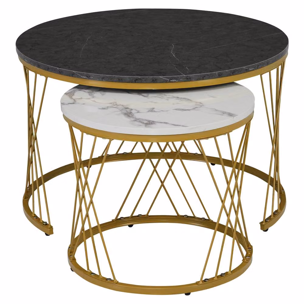 Rolipo Modern Round Coffee Table Set of 2 with Marble Pattern in White, Black and Gold – 5