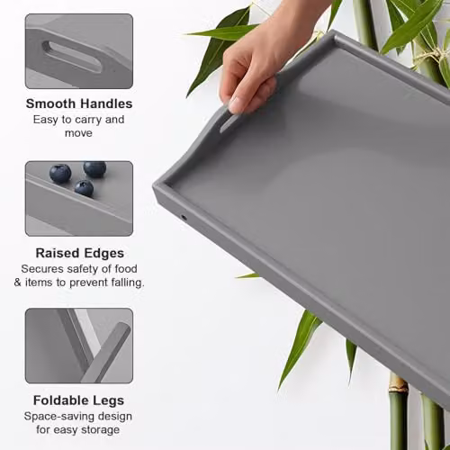 Mantraraj Bamboo Bed Tray Table Pack of 2 with Foldable Legs and Handles, Grey – 2