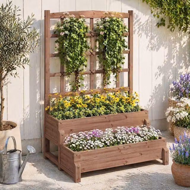 STILVORA Wooden Raised Planter with Trellis, Brown, W/D/H: 121 x 66 x 88 cm – 1
