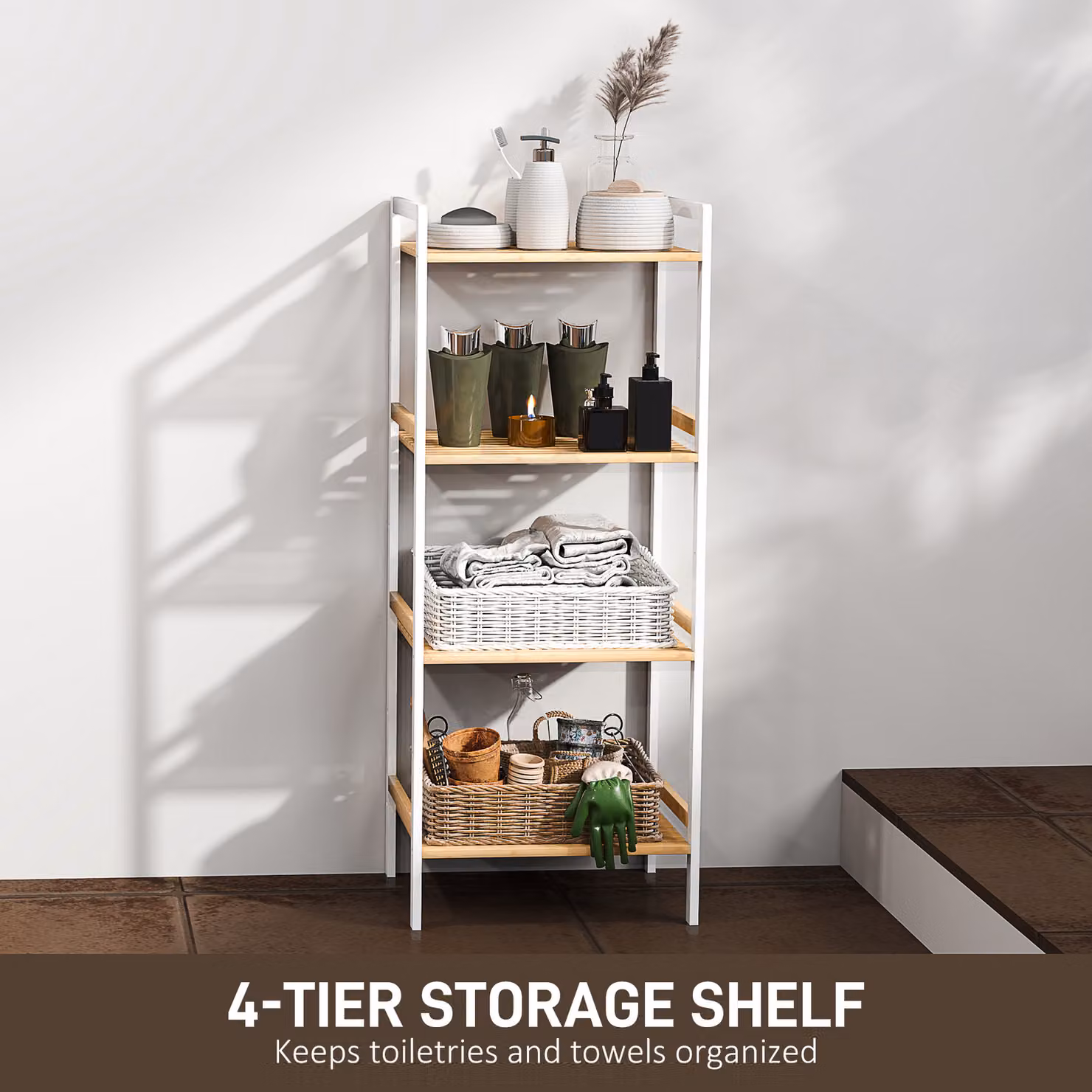 HOMCOM Four-Tier Bamboo Adjustable Storage Unit in White – 2