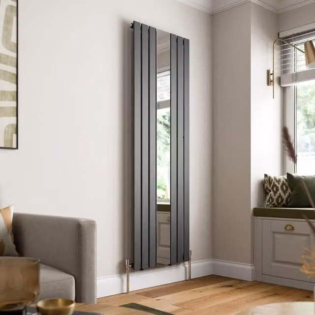 Temprazo Single Flat Panel Vertical Mirror Radiator in Anthracite Grey, H 180 x W 60 x D 6 cm